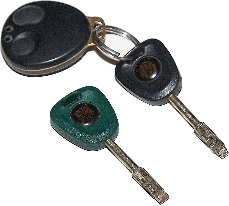 กุญแจจุดรถพร้อม keyfob (ดอกหลัก) วางเคียง valet key ที่หัวสั้นกว่าของ Jaguar X300